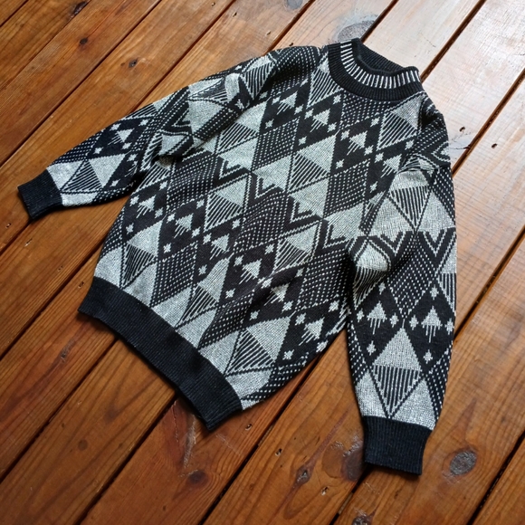 Vintage 80's 90's M/L black and sparkly silver geometric mock neck knit sweater - Picture 3 of 6